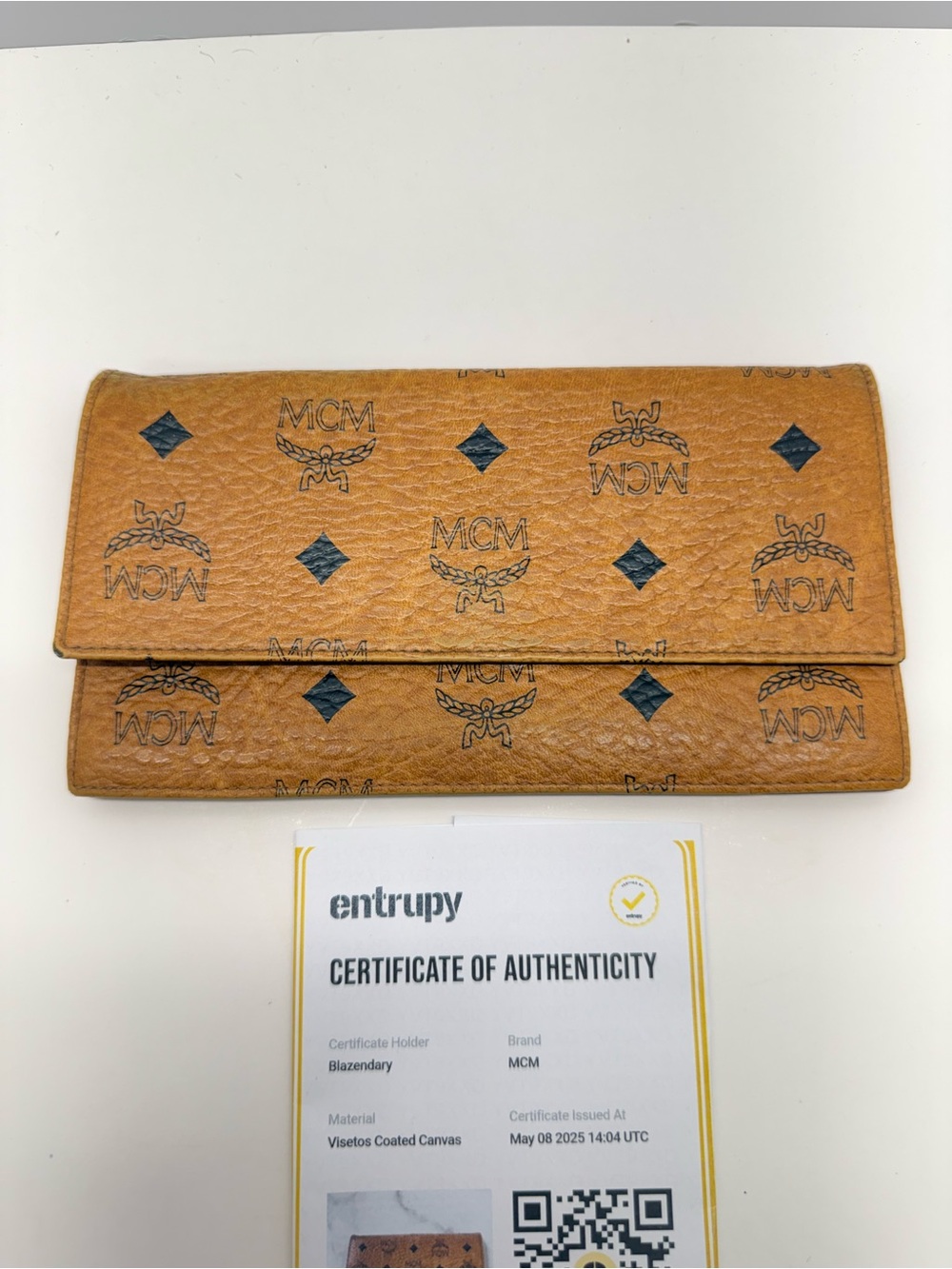 MCM Cognac Visetos Fold-Over Continental Wallet with Black Logo Motif